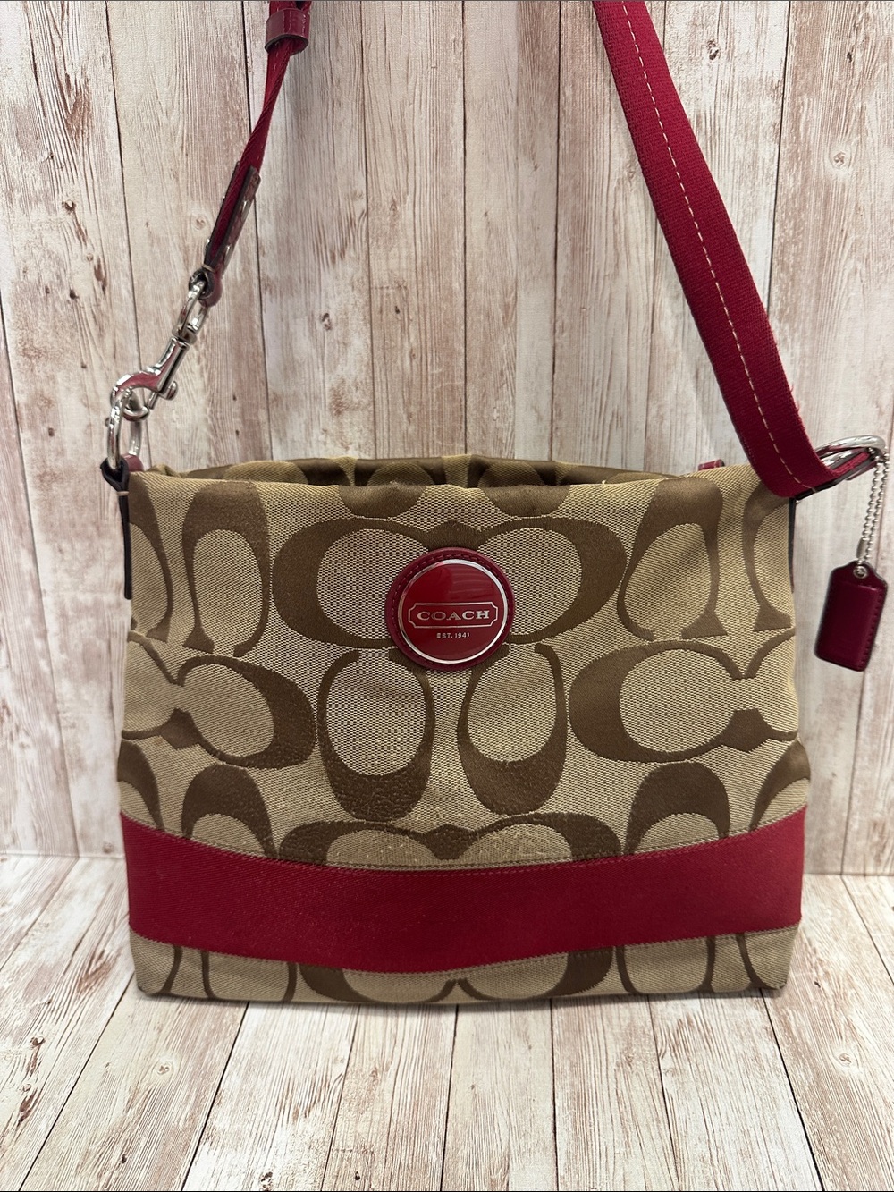 Coach Vintage Signature Monogram Hobo Crossbody with Red Trim